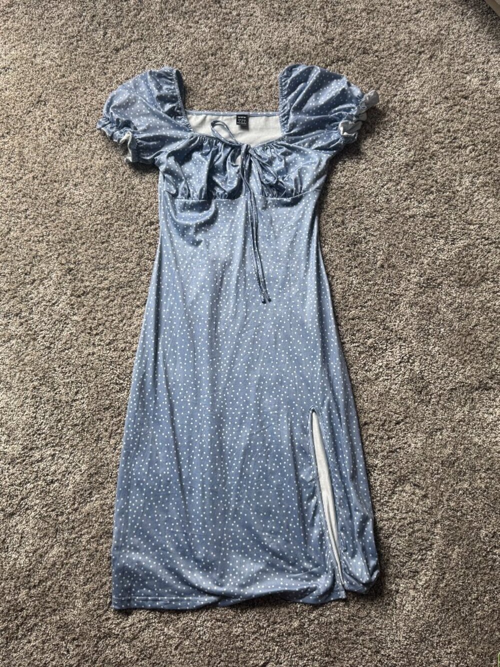 Shein blue polka dot midi dress with tie front and puff sleeves  size Small 4